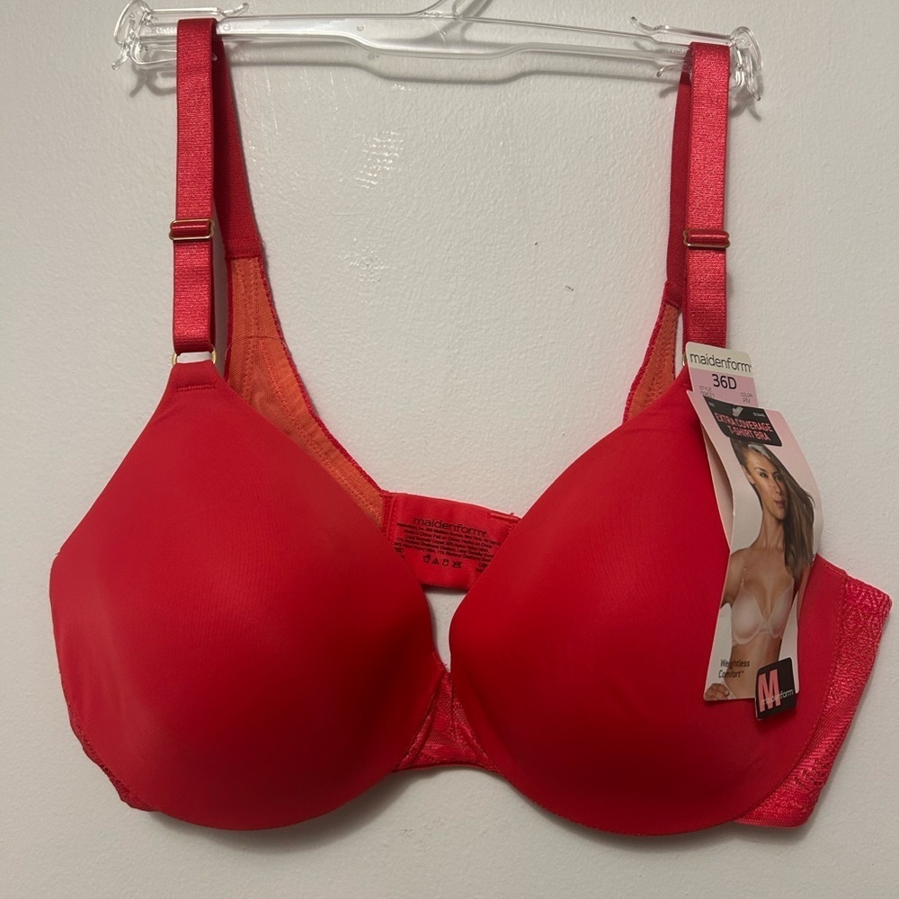 Maidenform extra coverage T-shirt Red Bra with Molded Cups sz 36D nwt, 01